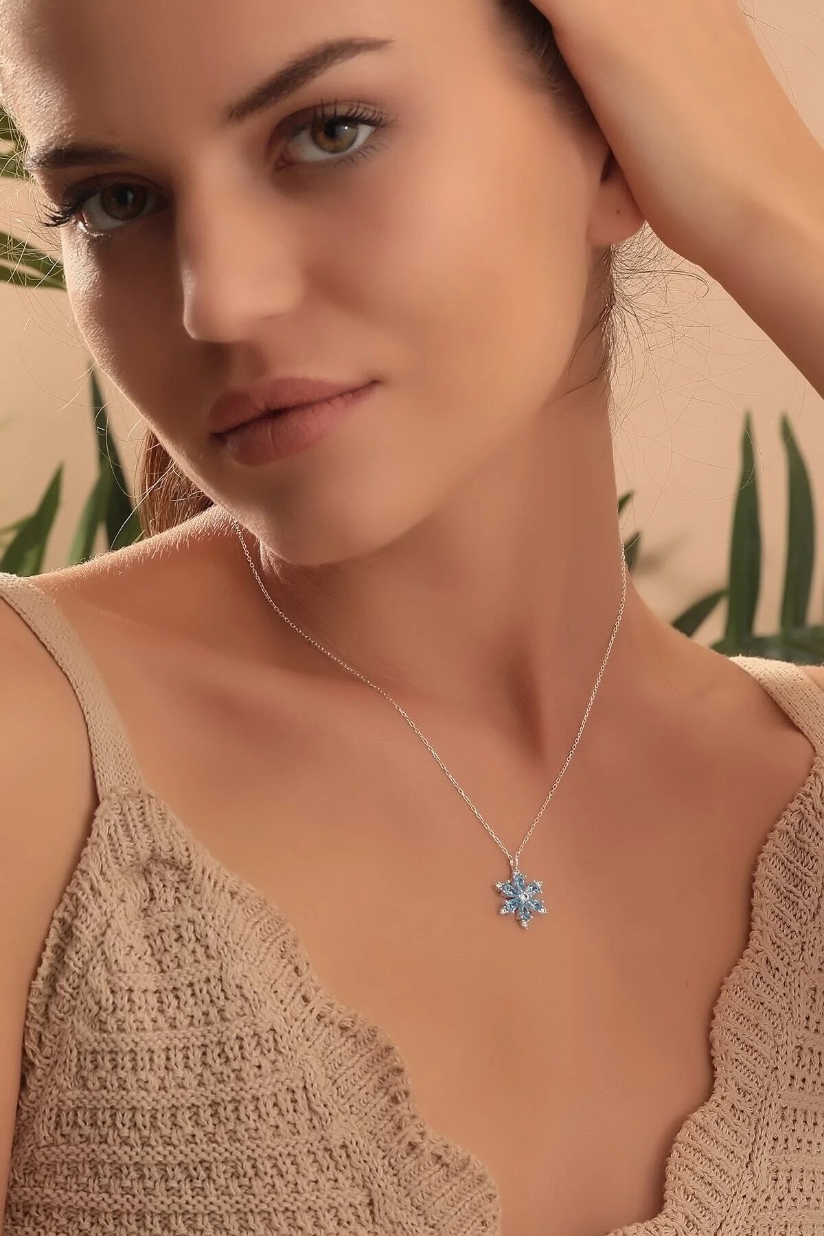 925 Sterling Silver Chain Aquamarine Lotus Camellia Flower of Life Necklace