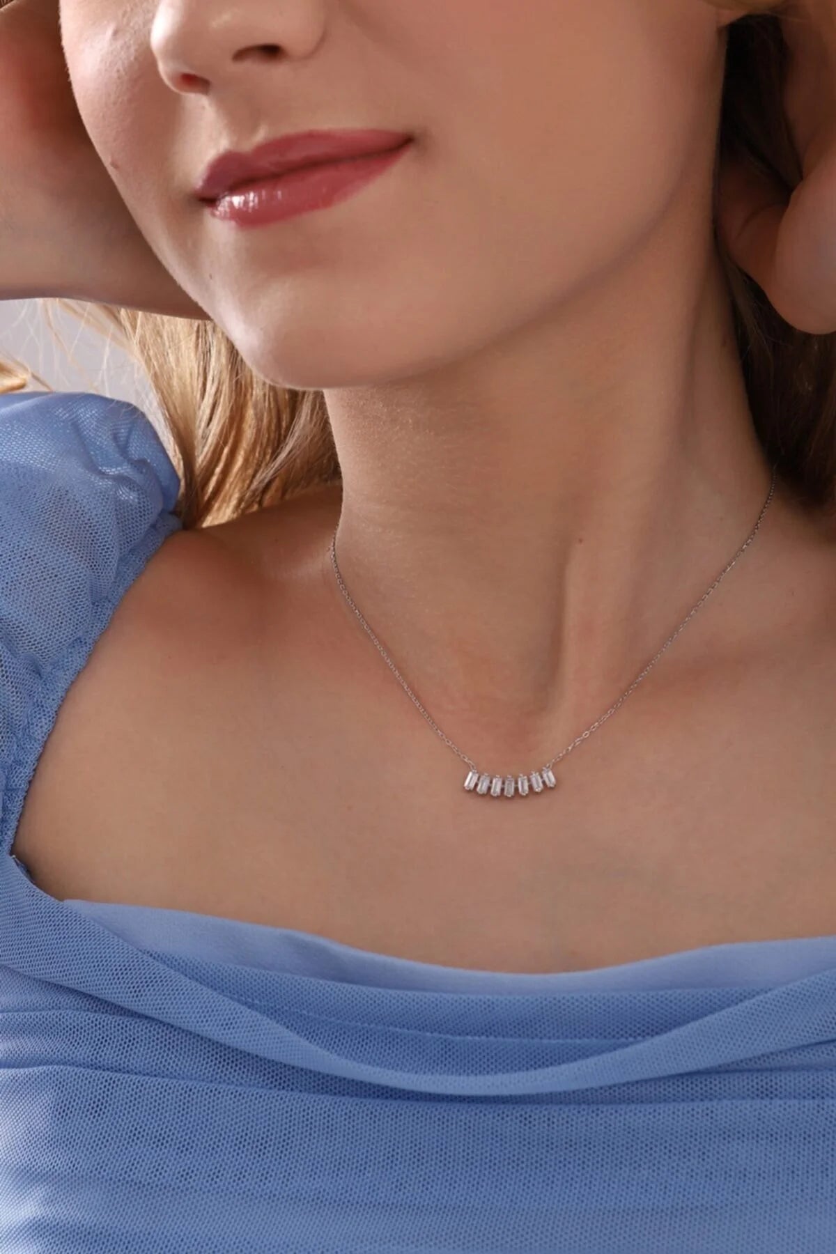 925 Sterling Silver Baguette Stone Diamond Mounted Necklace