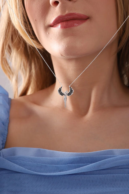 925 Sterling Silver Chain Black Stones Angels Necklace