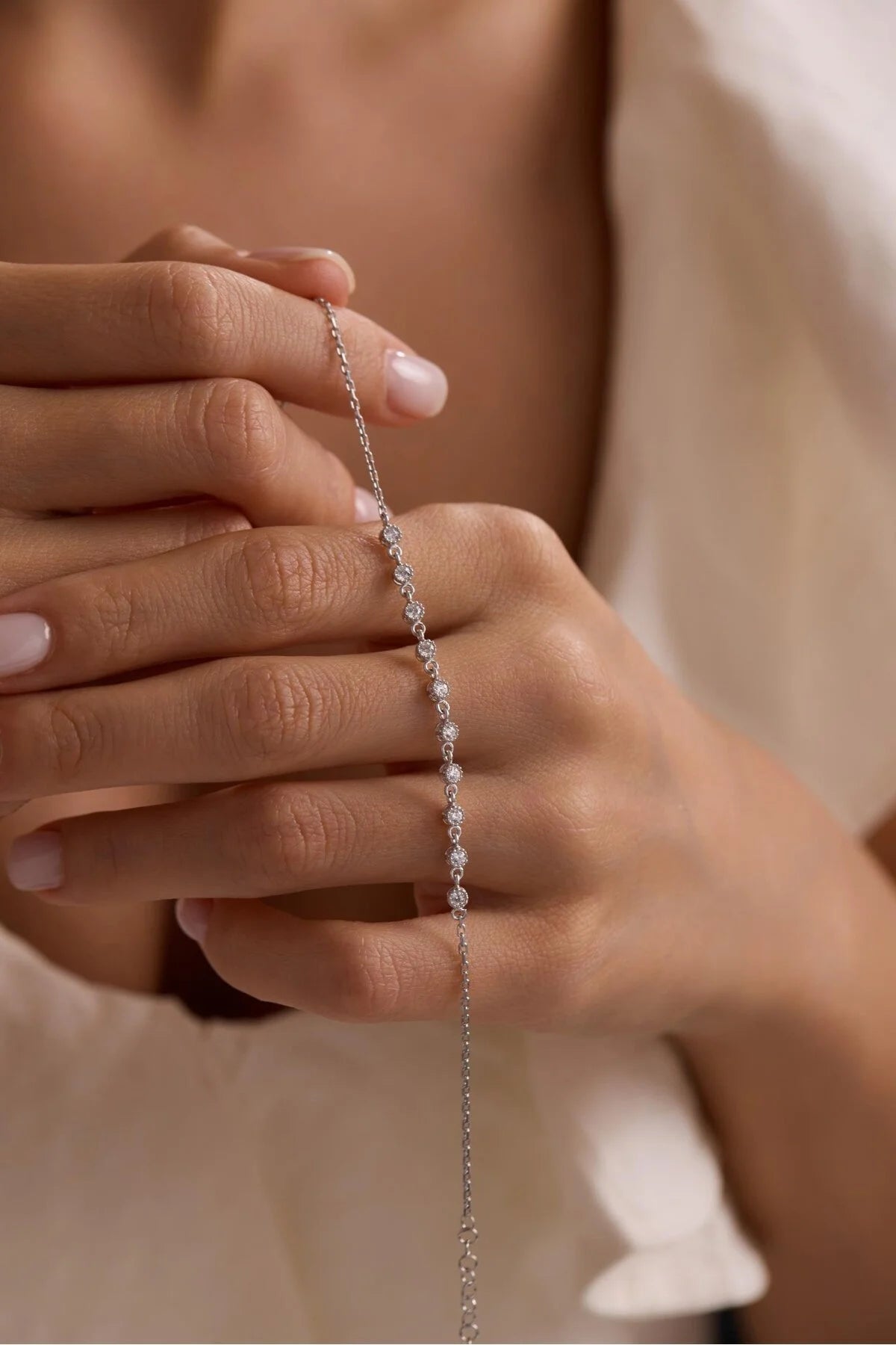 925 Sterling Tiny Row White Zircon Stone Bracelet