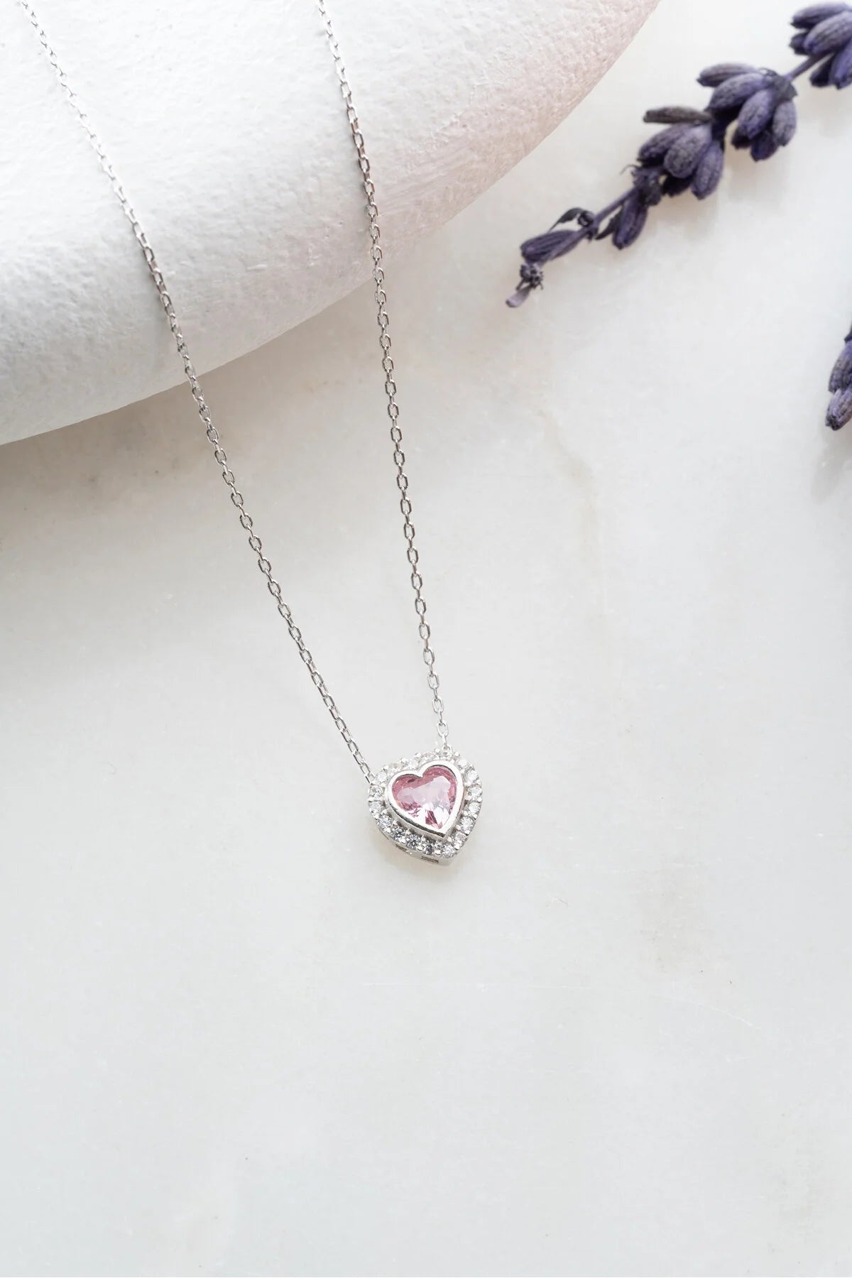 925 Sterling Silver Gold Pink Stone Heart Necklace