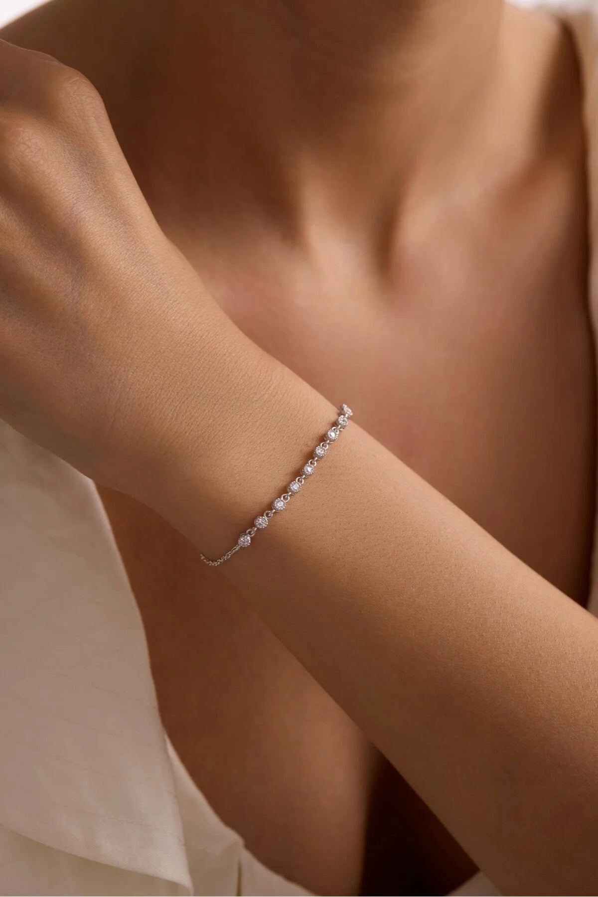 925 Sterling Tiny Row White Zircon Stone Bracelet