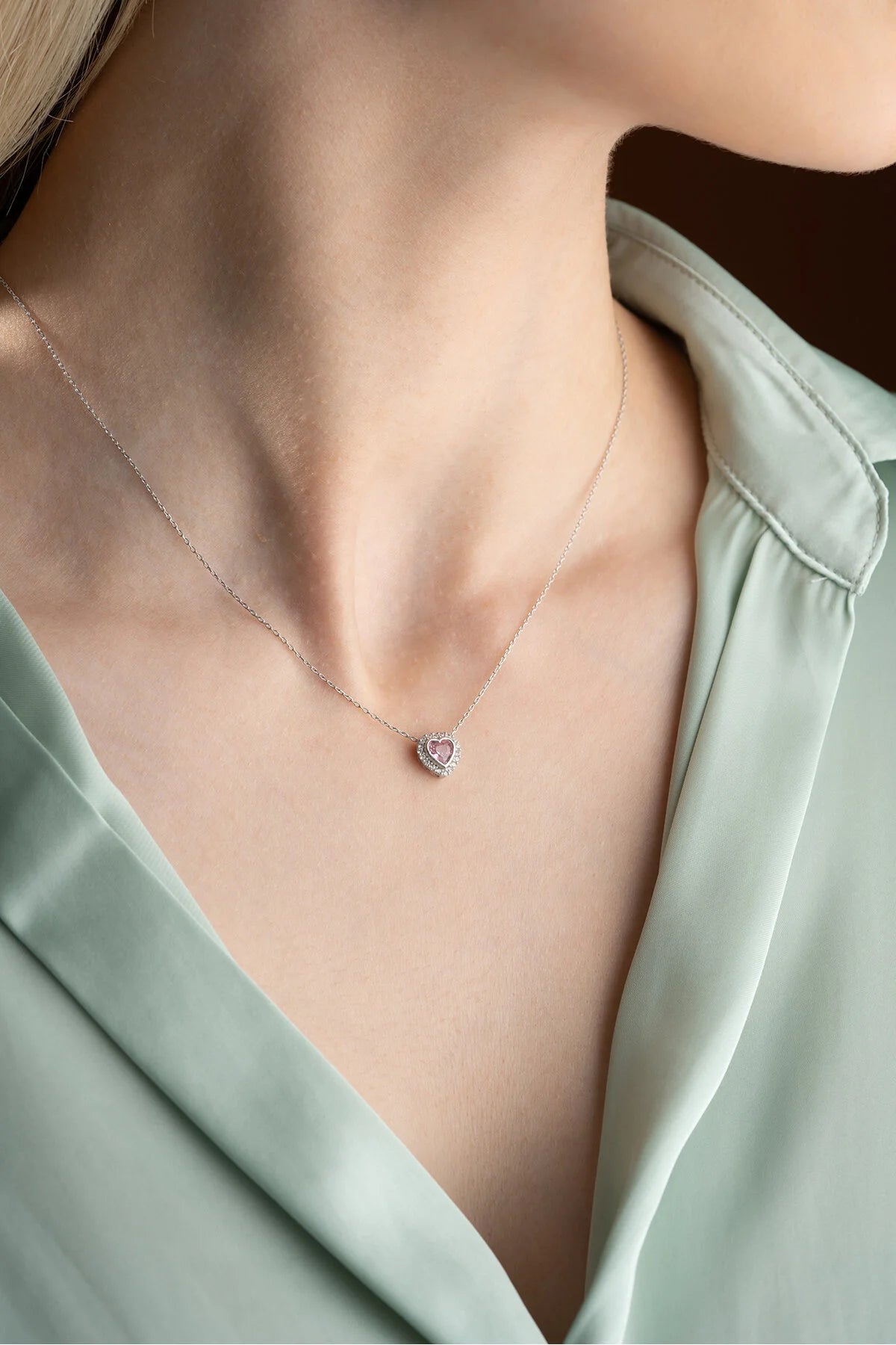925 Sterling Silver Gold Pink Stone Heart Necklace