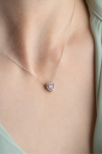 925 Sterling Silver Gold Pink Stone Heart Necklace