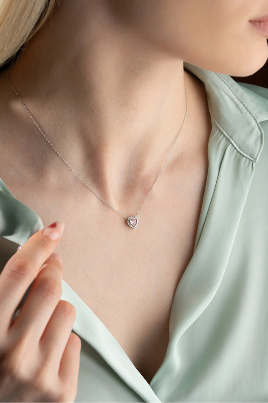925 Sterling Silver Gold Pink Stone Heart Necklace