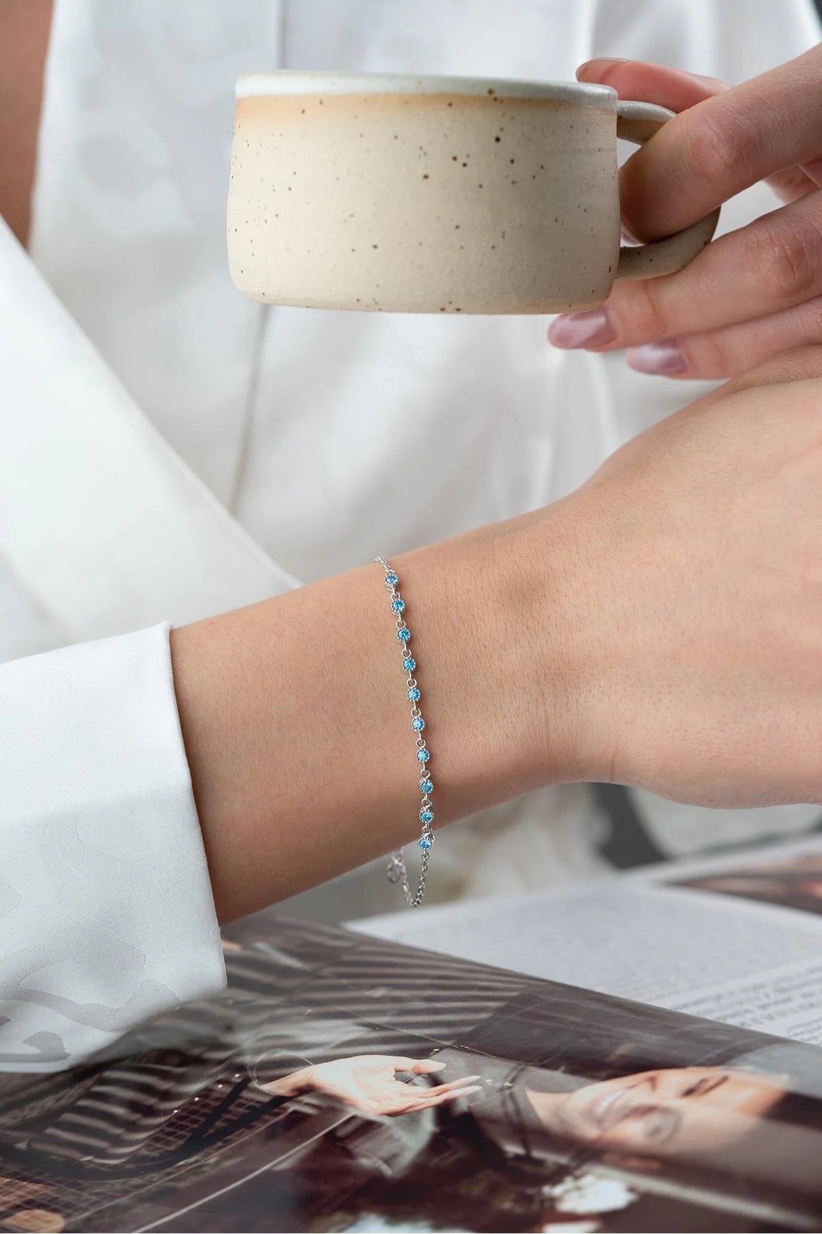 925 Sterling Silver Single Row Aquamarine Bracelet