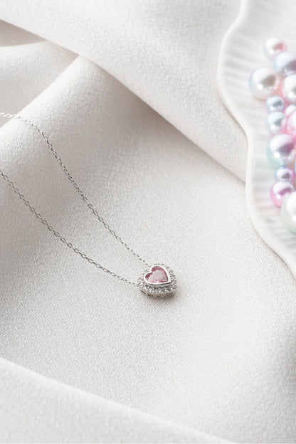925 Sterling Silver Gold Pink Stone Heart Necklace