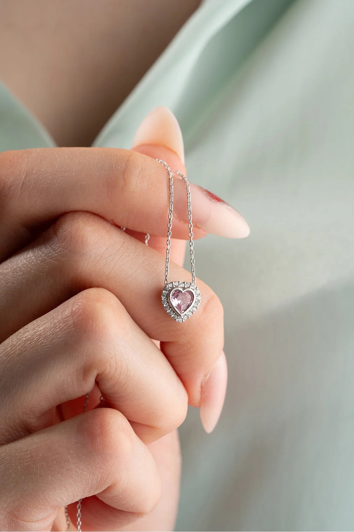 925 Sterling Silver Gold Pink Stone Heart Necklace