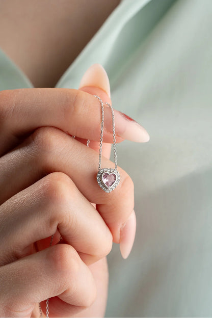925 Sterling Silver Gold Pink Stone Heart Necklace