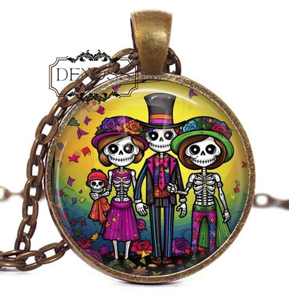 Skeleton Cabochon Pendant Necklace,Spooky Halloween Jewelry,Skeleton Family Art
