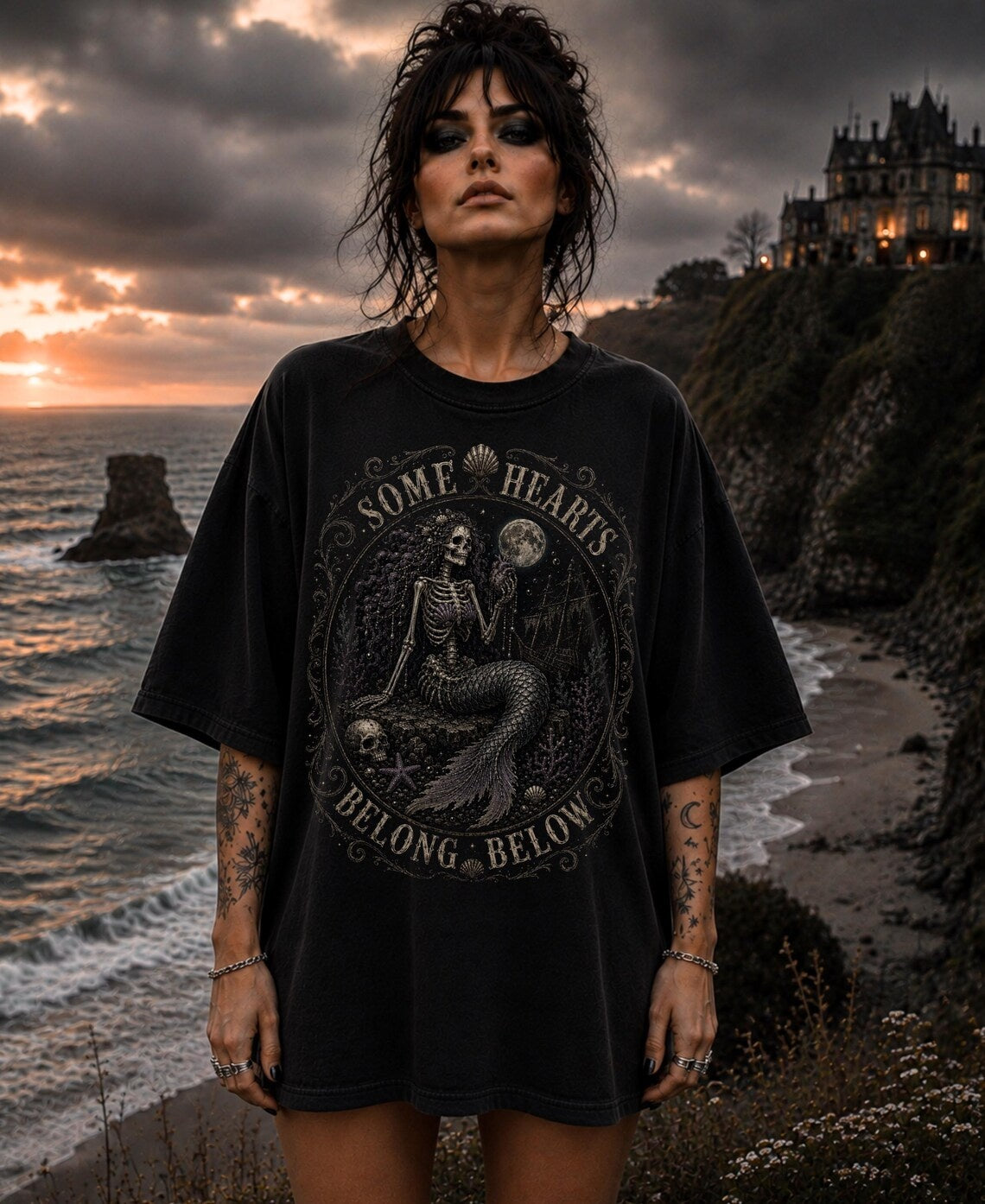 Skeleton Siren Shirt ,Skeleton Mermaid Shirt ,Emo Shirt ,Ocean Grunge Clothes ,Gothic Mermaid Coastal Gothic Summerween Shirt ,Gothic Clothes