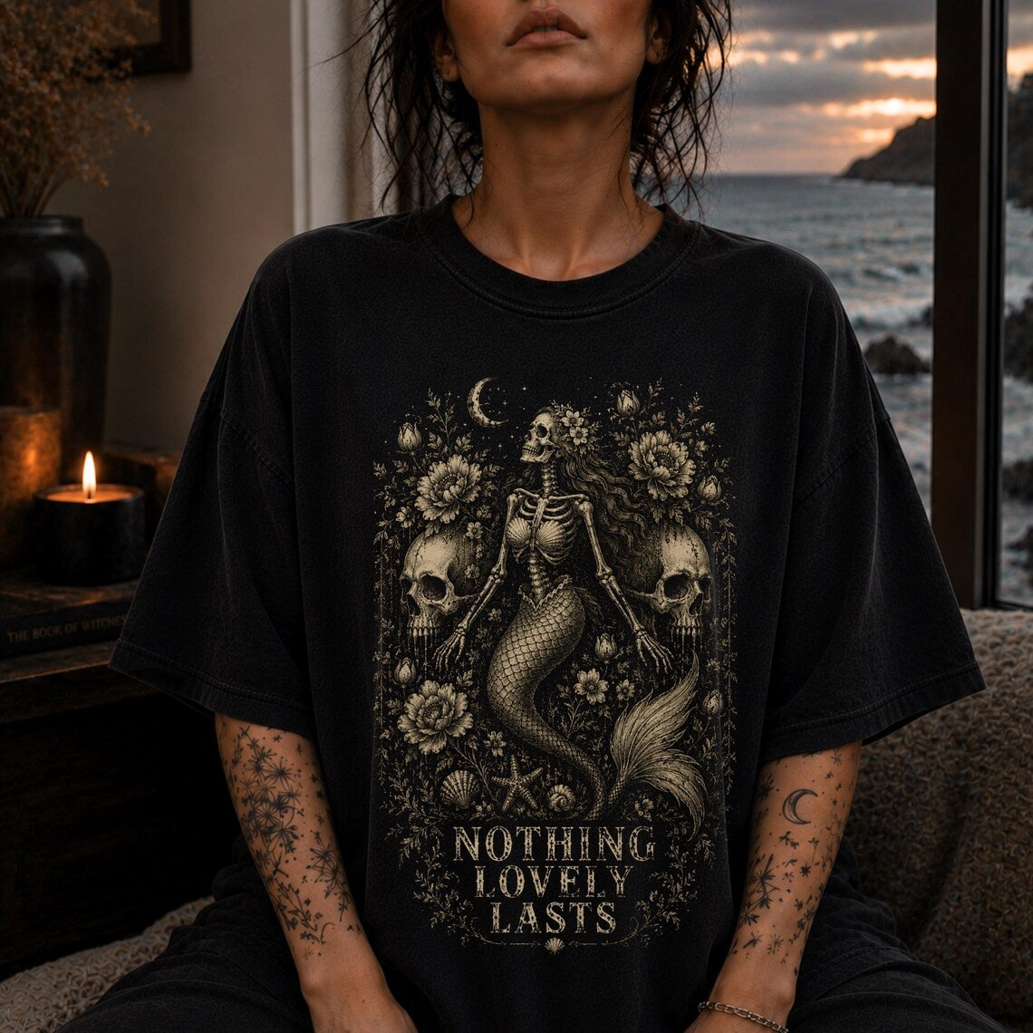 Skeleton Siren Skull Shirt ,Skeleton Mermaid Emo Shirt ,Skull Shirt ,Alt Clothing Gothic Mermaid Coastal Gothic Summerween Shirt ,Gothic Clothes