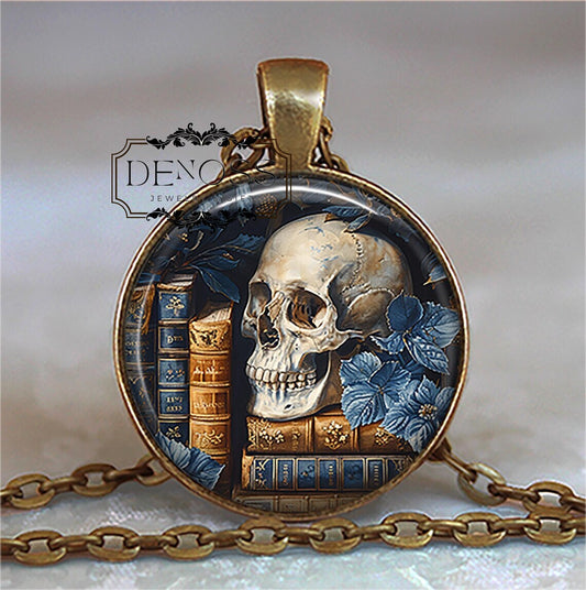 Skull and Books necklace,spooky library,book lover Halloween jewelry,librarian gift for reader - Denoss