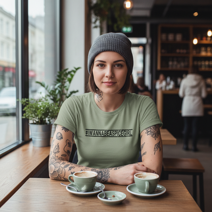 Green t-shirt with '#IWANNABEASPICEGIRL' text on a white background