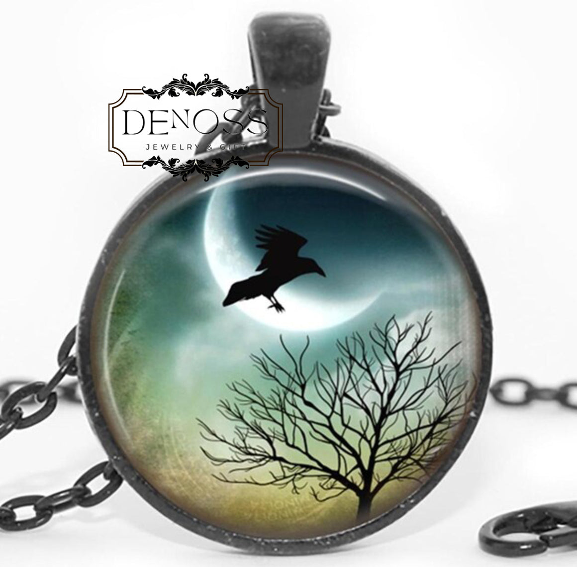 Spooky Moon Necklace,Bird Tree Silhouette Cabochon Pendant,Halloween Art