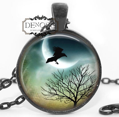 Spooky Moon Necklace,Bird Tree Silhouette Cabochon Pendant,Halloween Art