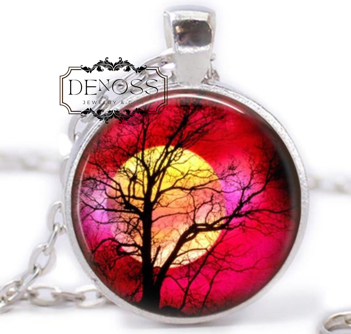 Spooky Moon Tree Necklace,Halloween Cabochon Pendant,Moon Art