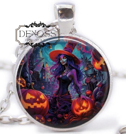 Stained Glass Witch Necklace,Spooky Halloween Pendant