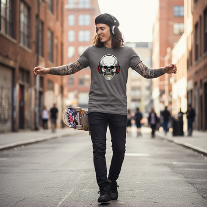 Gray t-shirt with a skull wearing red headphones design on a white background