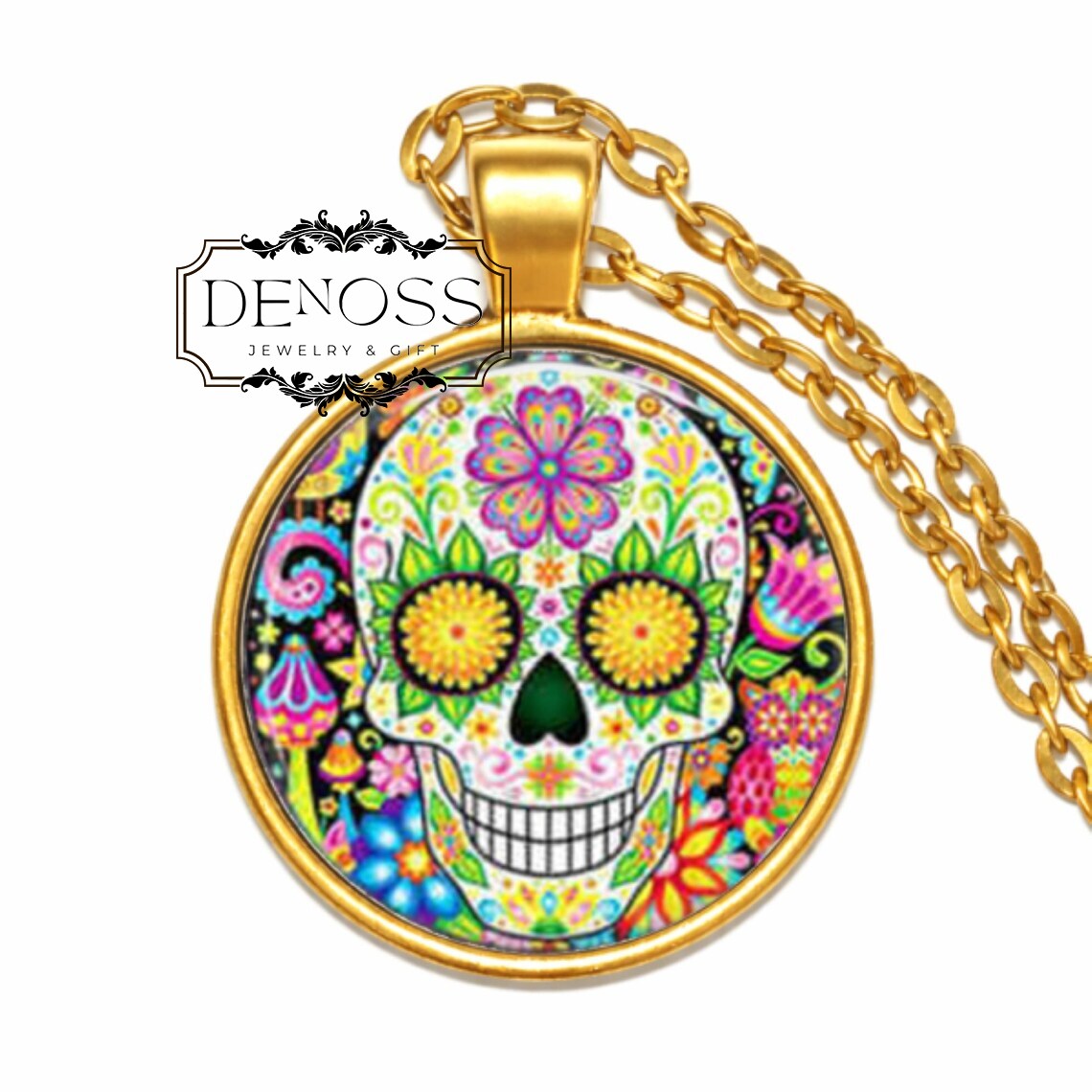 Sugar Skull Pendant Necklace,Day of the Dead Jewelry,Colorful Calavera Skull Charm,Dia de los Muertos
