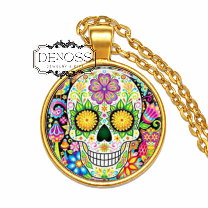 Sugar Skull Pendant Necklace,Day of the Dead Jewelry,Colorful Calavera Skull Charm,Dia de los Muertos