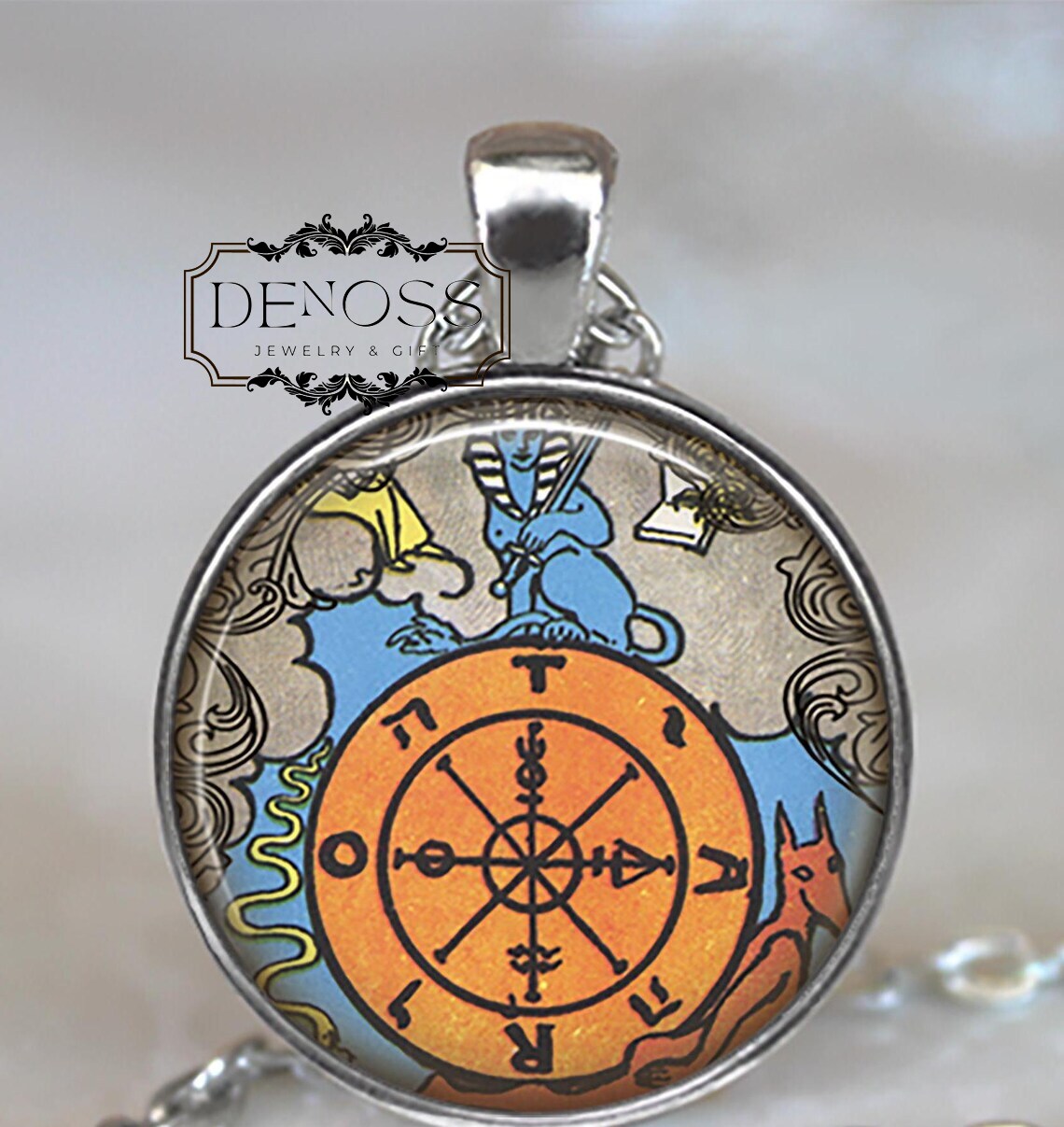 Tarot Wheel of Fortune necklace,Tarot pendant symbolic Tarot necklace,good luck charm,Tarot metaphysical  jewelry