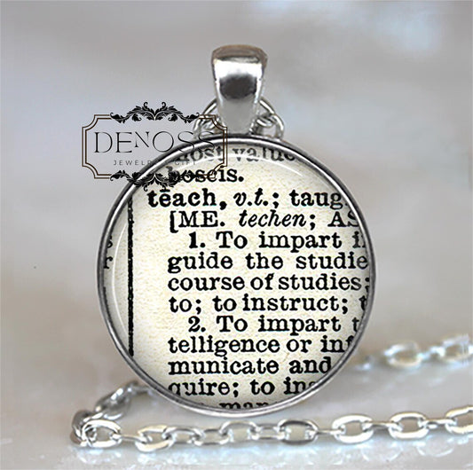 Teach dictionary necklace,teacher gift,dictionary word jewelry,school teacher gift