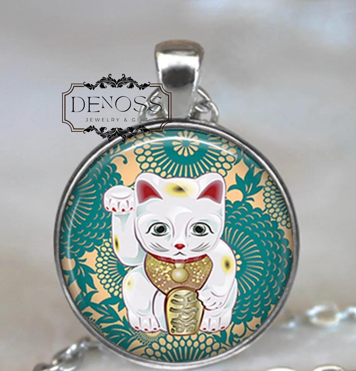 Teal Maneki Neko necklace,Japanese Lucky Cat charm,good luck char,lucky charm