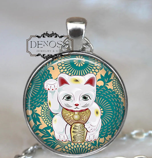 Teal Maneki Neko necklace,Japanese Lucky Cat charm,good luck char,lucky charm