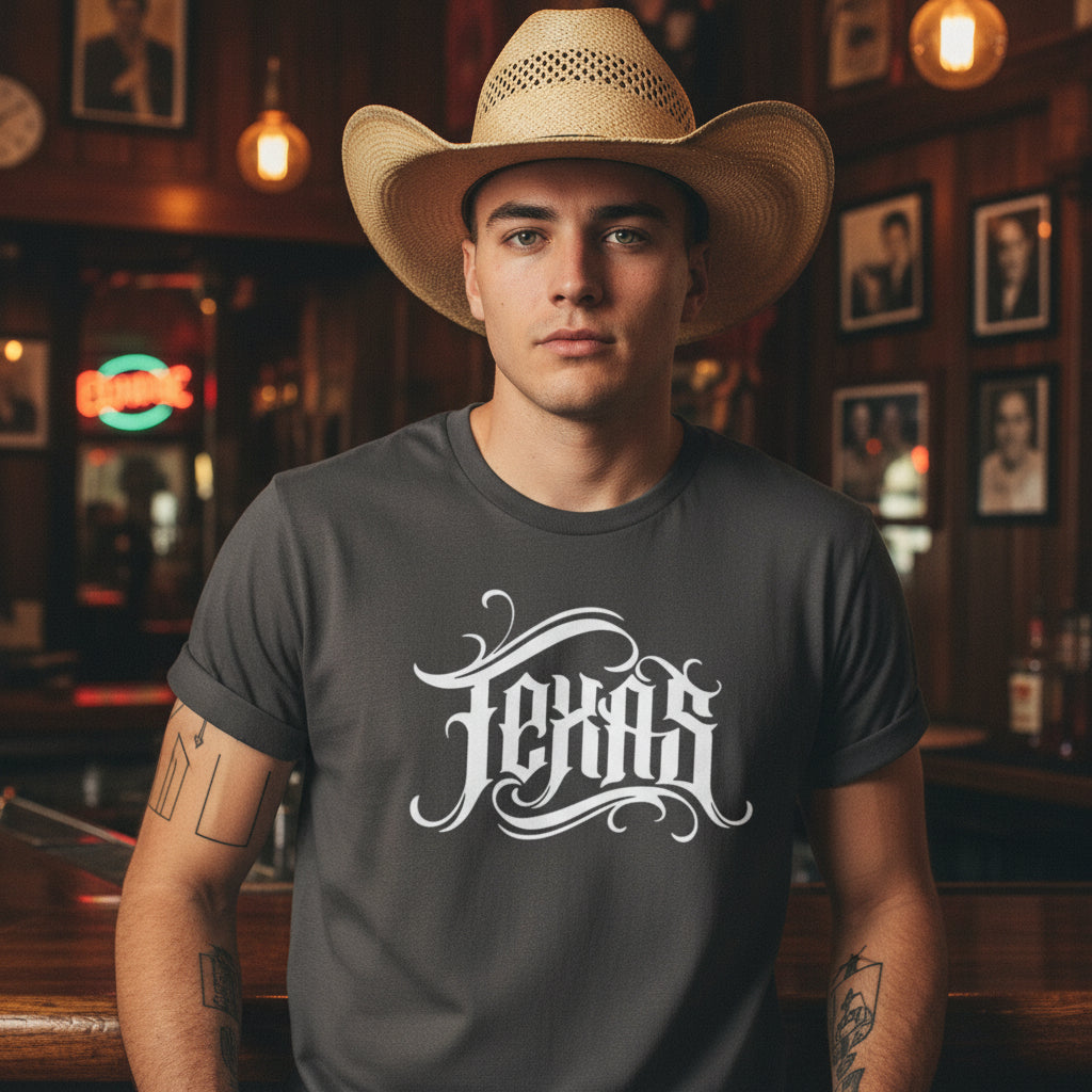 Gray t-shirt with 'Texas' printed on it, placed on a woven basket with a hat in the background.