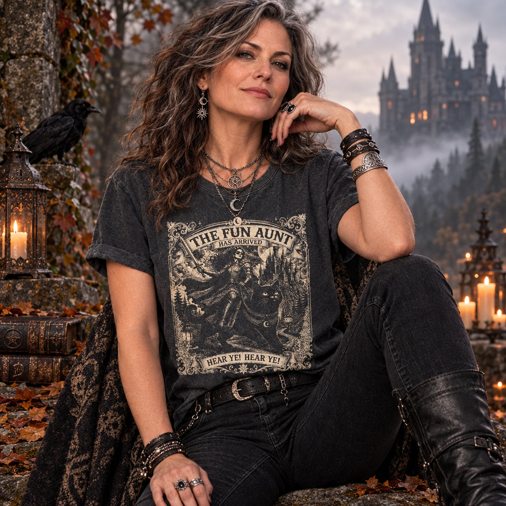 The Fun Aunt Has Arrived Shirt, Fantasy Cat Rider Tee, Vintage Gothic Graphic Shirt, Medieval Witch Cat T-Shirt, Cool Aunt Gift