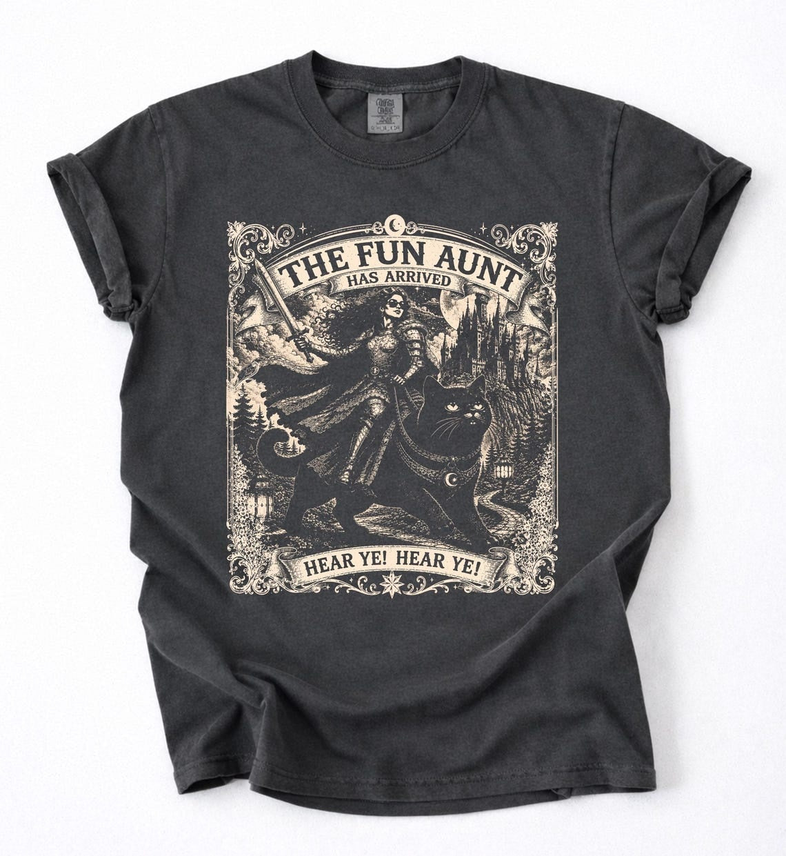 The Fun Aunt Has Arrived Shirt, Fantasy Cat Rider Tee, Vintage Gothic Graphic Shirt, Medieval Witch Cat T-Shirt, Cool Aunt Gift
