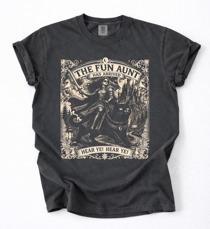 The Fun Aunt Has Arrived Shirt, Fantasy Cat Rider Tee, Vintage Gothic Graphic Shirt, Medieval Witch Cat T-Shirt, Cool Aunt Gift