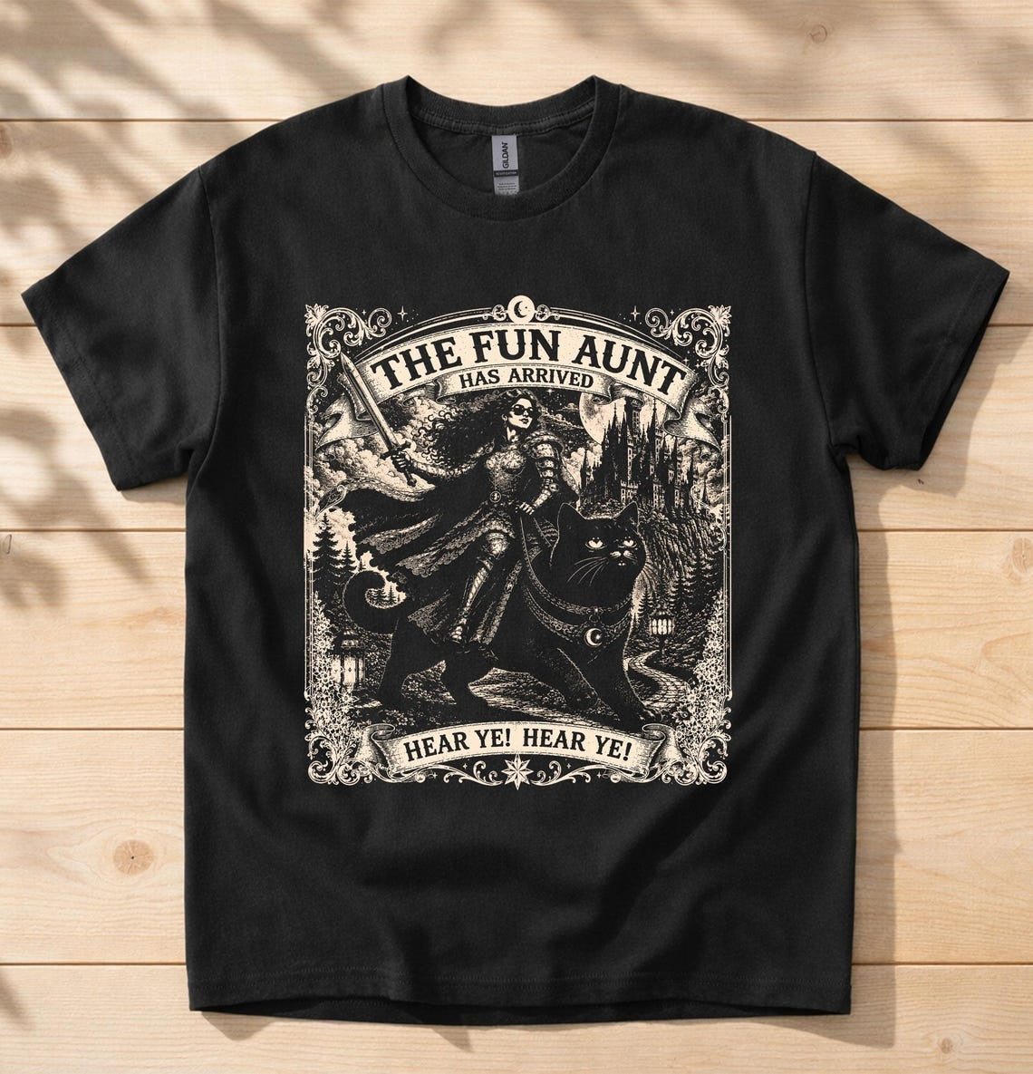 The Fun Aunt Has Arrived Shirt, Fantasy Cat Rider Tee, Vintage Gothic Graphic Shirt, Medieval Witch Cat T-Shirt, Cool Aunt Gift