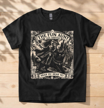 The Fun Aunt Has Arrived Shirt, Fantasy Cat Rider Tee, Vintage Gothic Graphic Shirt, Medieval Witch Cat T-Shirt, Cool Aunt Gift