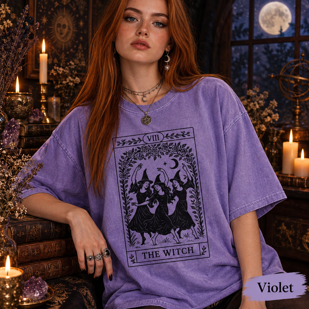 The Witch Tarot Card Shirt, Dancing Witches Comfort Colors Tee, Mystical Halloween T-Shirt, Witchy Vibes Gift for Her, Dark Academia Apparel