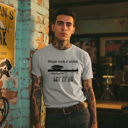 Gray t-shirt with a graphic design and text on a white background