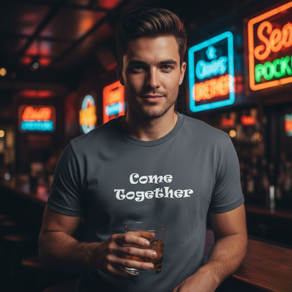 Gray t-shirt with 'Come Together' text on a white background