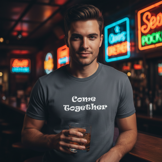 Gray t-shirt with 'Come Together' text on a white background