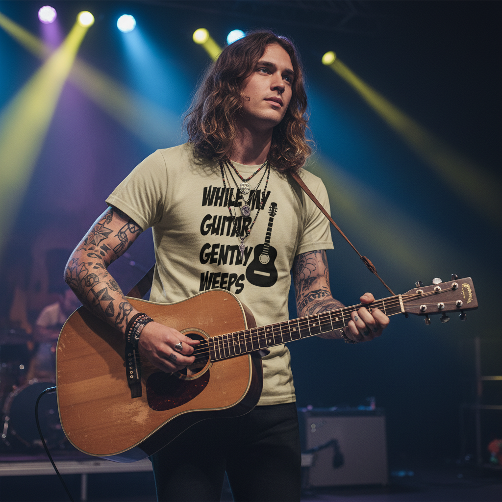 Beige t-shirt with black guitar graphic and text on a white background
