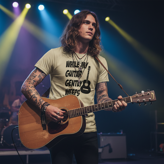 Beige t-shirt with black guitar graphic and text on a white background