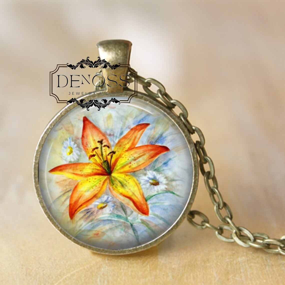 Tiger Lily Pendant Necklace,Flowers,Painted Tiger Lily,Lily Pendant,Lily Necklace