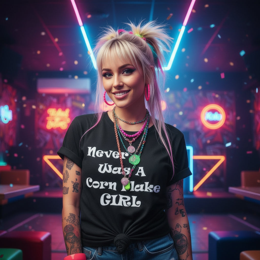 Black t-shirt with 'Never Was A Corn Flake Girl' text against a rustic background