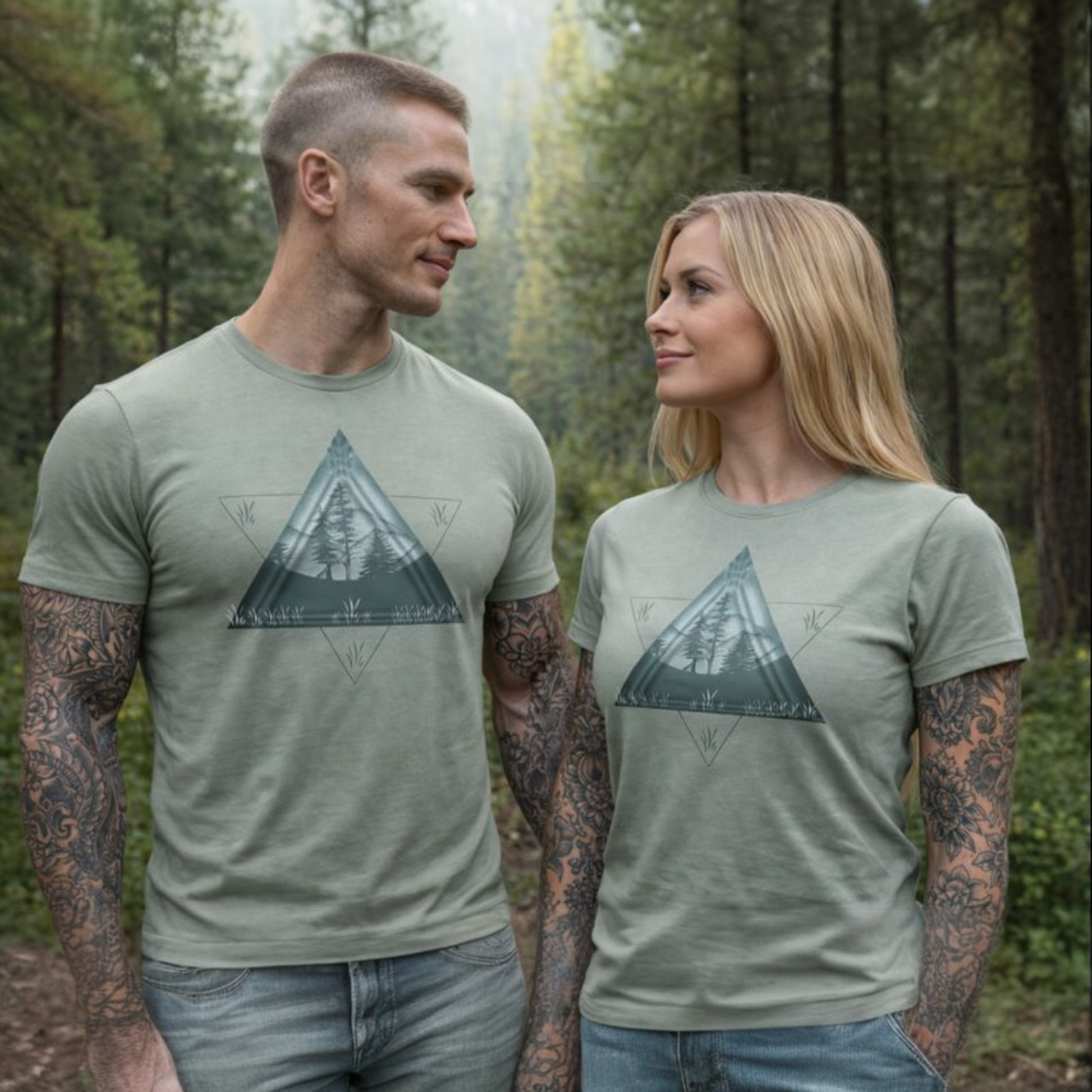 Man and woman wearing matching green t-shirts with a geometric design in a forest setting
