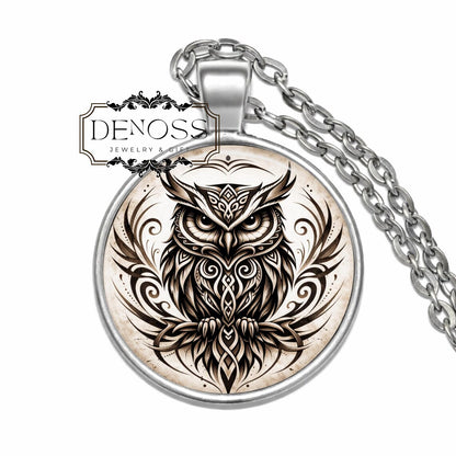 Tribal Owl Pendant Necklace,Celtic Norse Knotwork Animal Totem Jewelry
