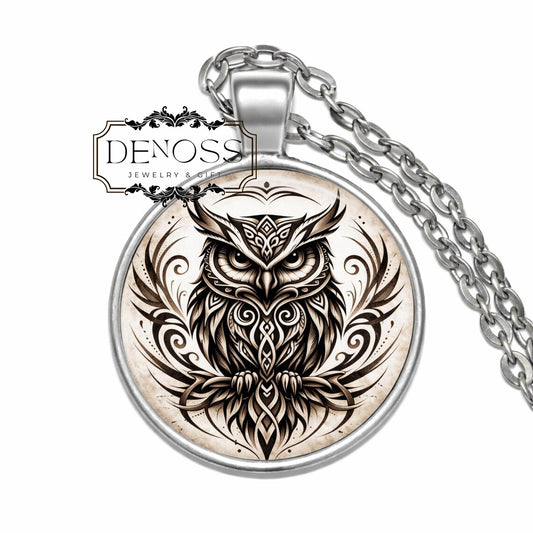 Tribal Owl Pendant Necklace,Celtic Norse Knotwork Animal Totem Jewelry