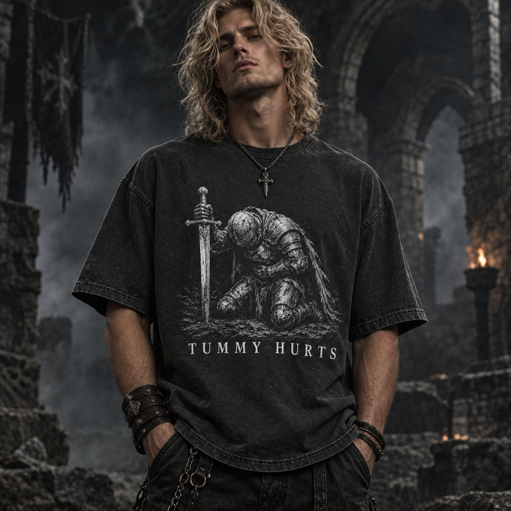 Tummy Hurts Knight Shirt, Funny Dark Fantasy Graphic Tee, Ironic Meme T-Shirt, Gamer Girl Gift, Retro Elden Knight Top, Comfort Colors Tee
