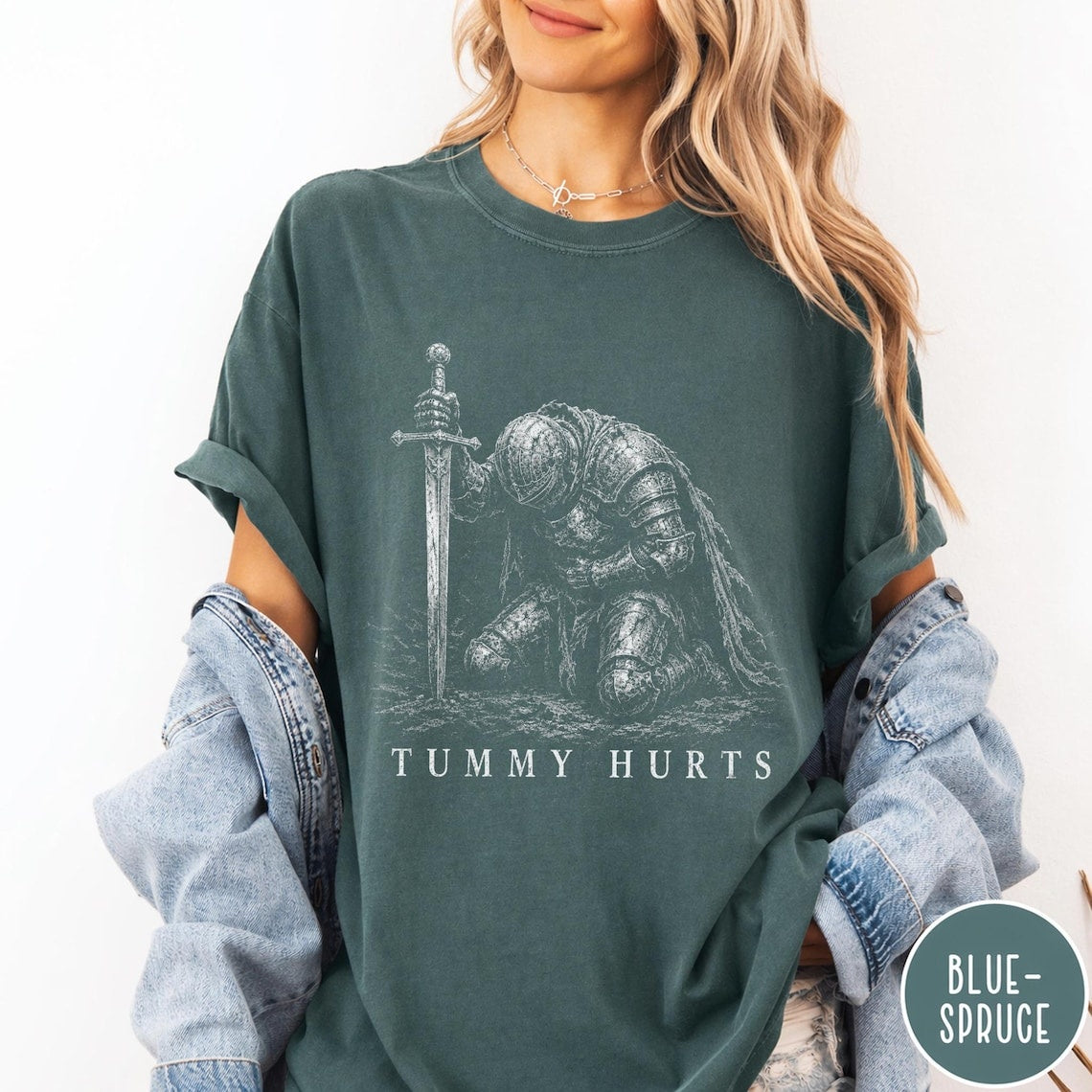 Tummy Hurts Knight Shirt, Funny Dark Fantasy Graphic Tee, Ironic Meme T-Shirt, Gamer Girl Gift, Retro Elden Knight Top, Comfort Colors Tee