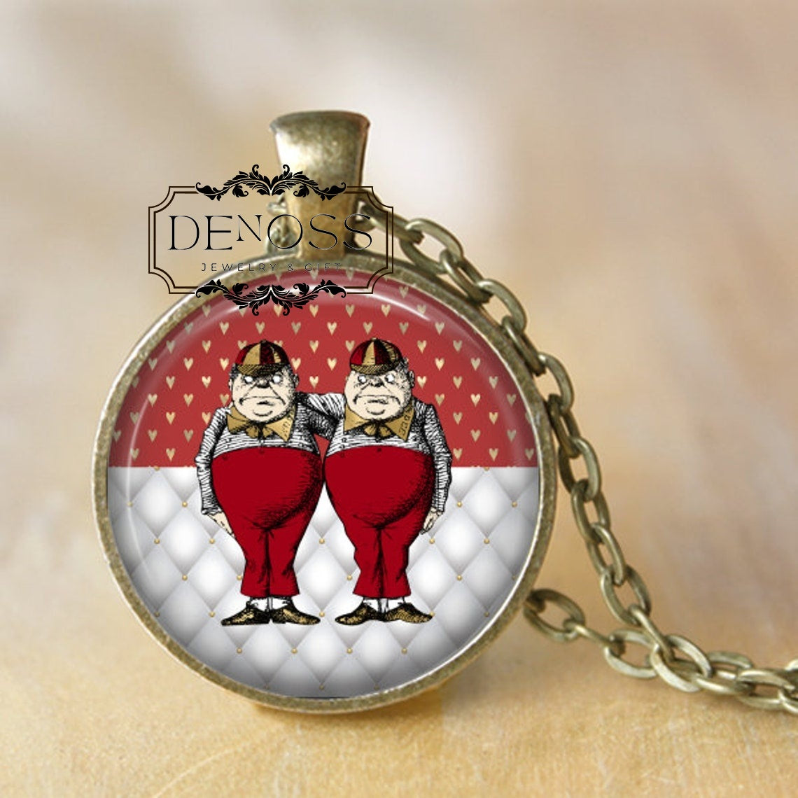 Tweedle Dee and Tweedle Dum - Alice in Wonderland Pendant,Alice Necklace, Vintage Alice, Hearts