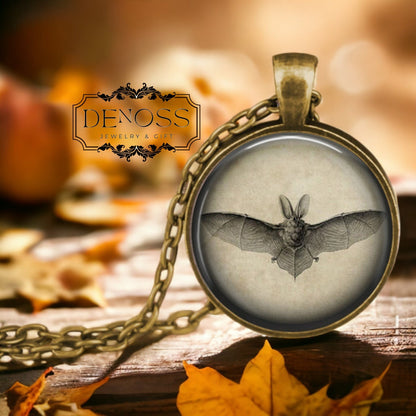 Vintage Bat Lithograph Pendant Necklace,Halloween Jewelry